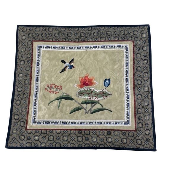 Vtg Chinese Silk Embroidered Old Tapestry 12.5"x 11.5" Multicolor Flowers & Bird - Picture 1 of 7